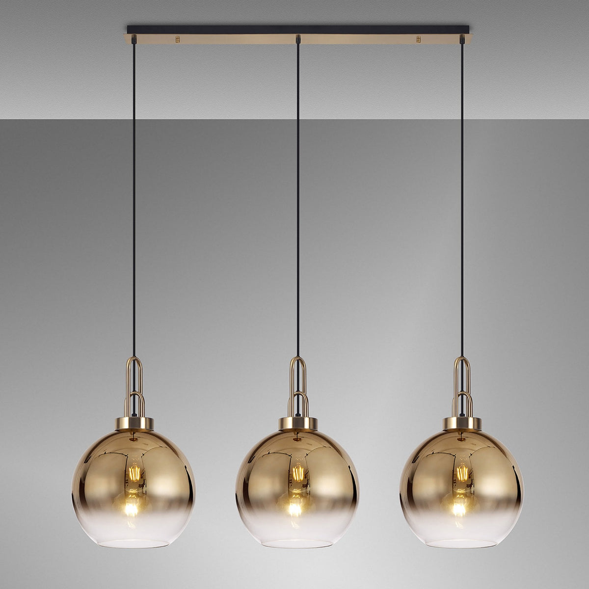 Atherington Globe 3 Drop Linear Pendant in Brass Gold with Gold Fade Shades