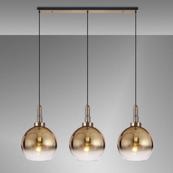Atherington Globe 3 Drop Linear Pendant in Brass Gold with Gold Fade Shades