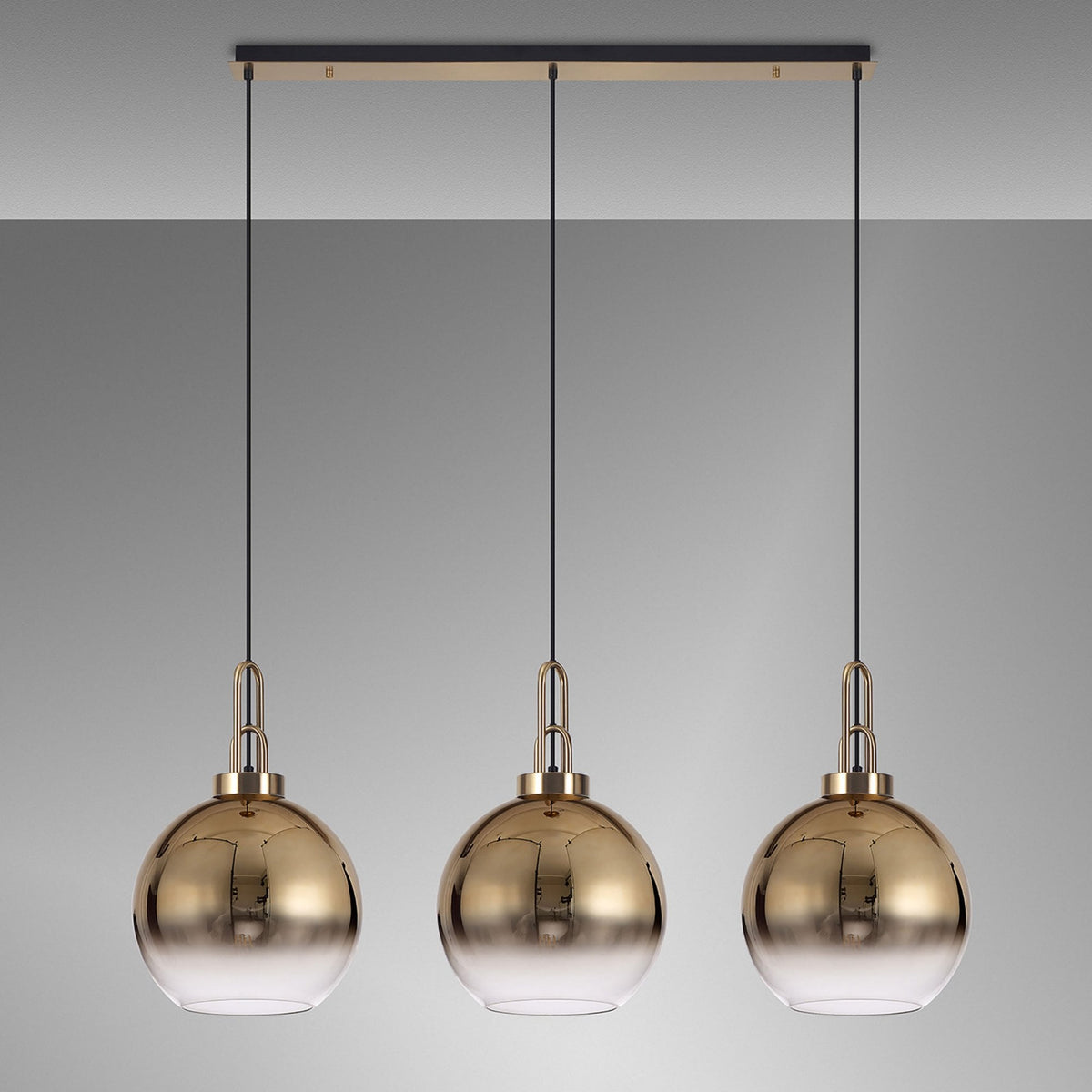 Atherington Globe 3 Drop Linear Pendant in Brass Gold with Gold Fade Shades