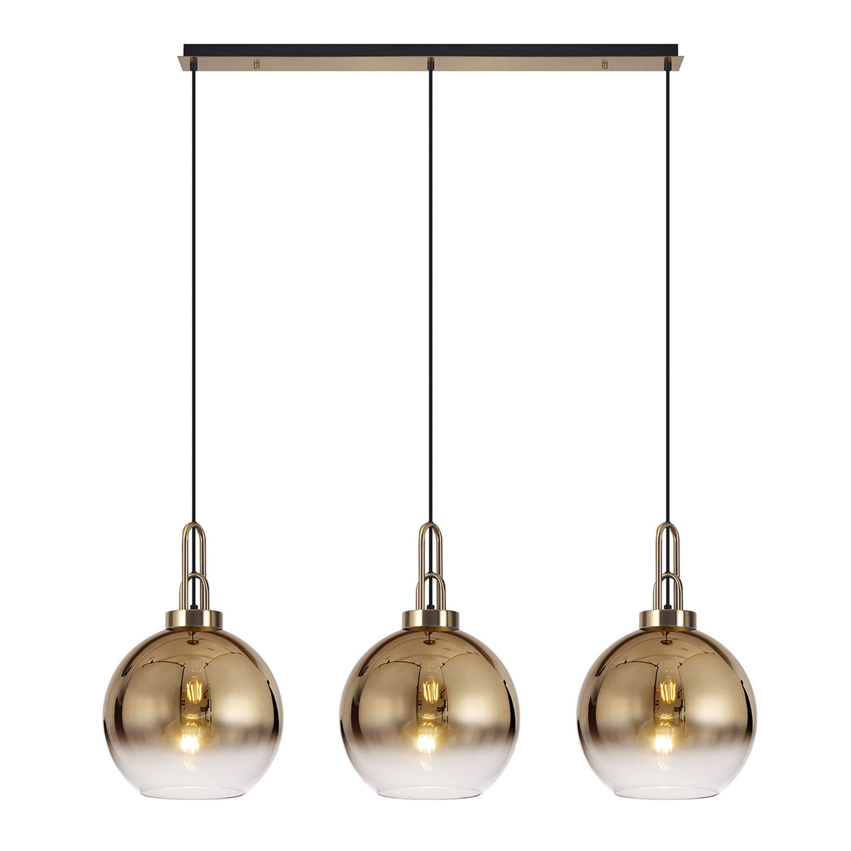 Atherington Globe 3 Drop Linear Pendant in Brass Gold with Gold Fade Shades