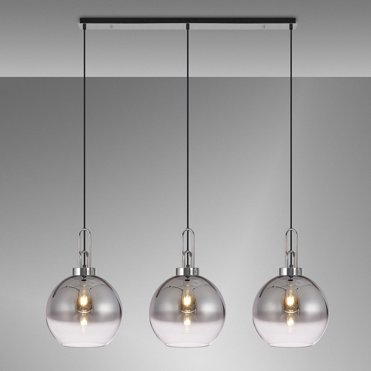 Atherington Globe 3 Drop Linear Pendant in Polished Nickel with Smoke Fade Shades