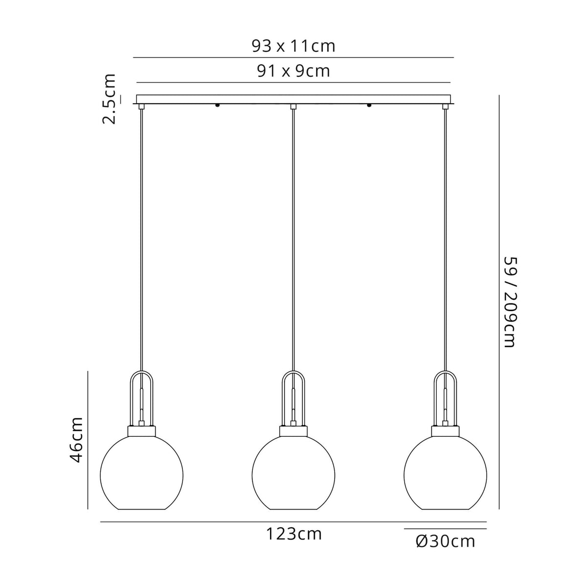 Atherington Globe 3 Drop Linear Pendant in Polished Nickel with Smoke Fade Shades