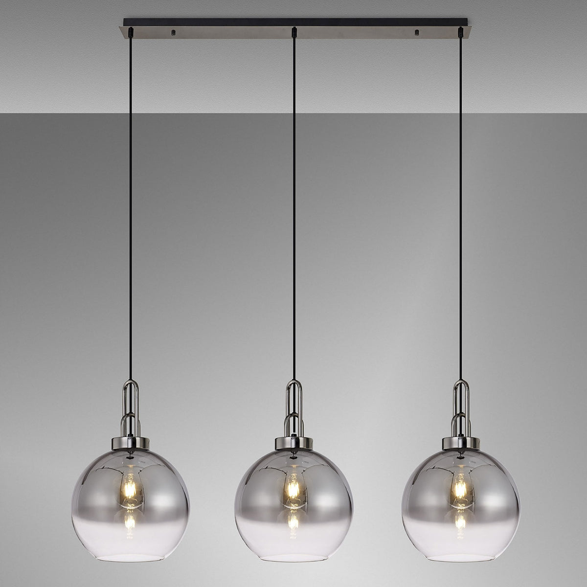 Atherington Globe 3 Drop Linear Pendant in Black Chrome with Smoke Fade Shades