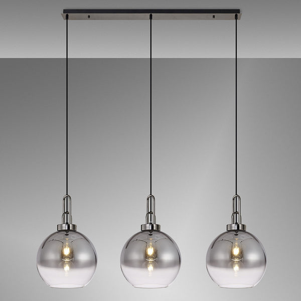 Atherington Globe 3 Drop Linear Pendant in Black Chrome with Smoke Fade Shades