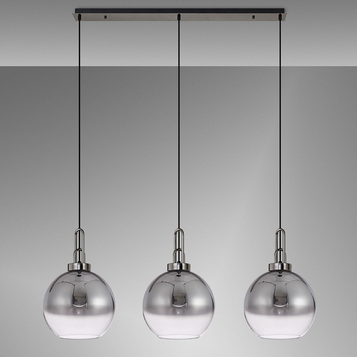 Atherington Globe 3 Drop Linear Pendant in Black Chrome with Smoke Fade Shades