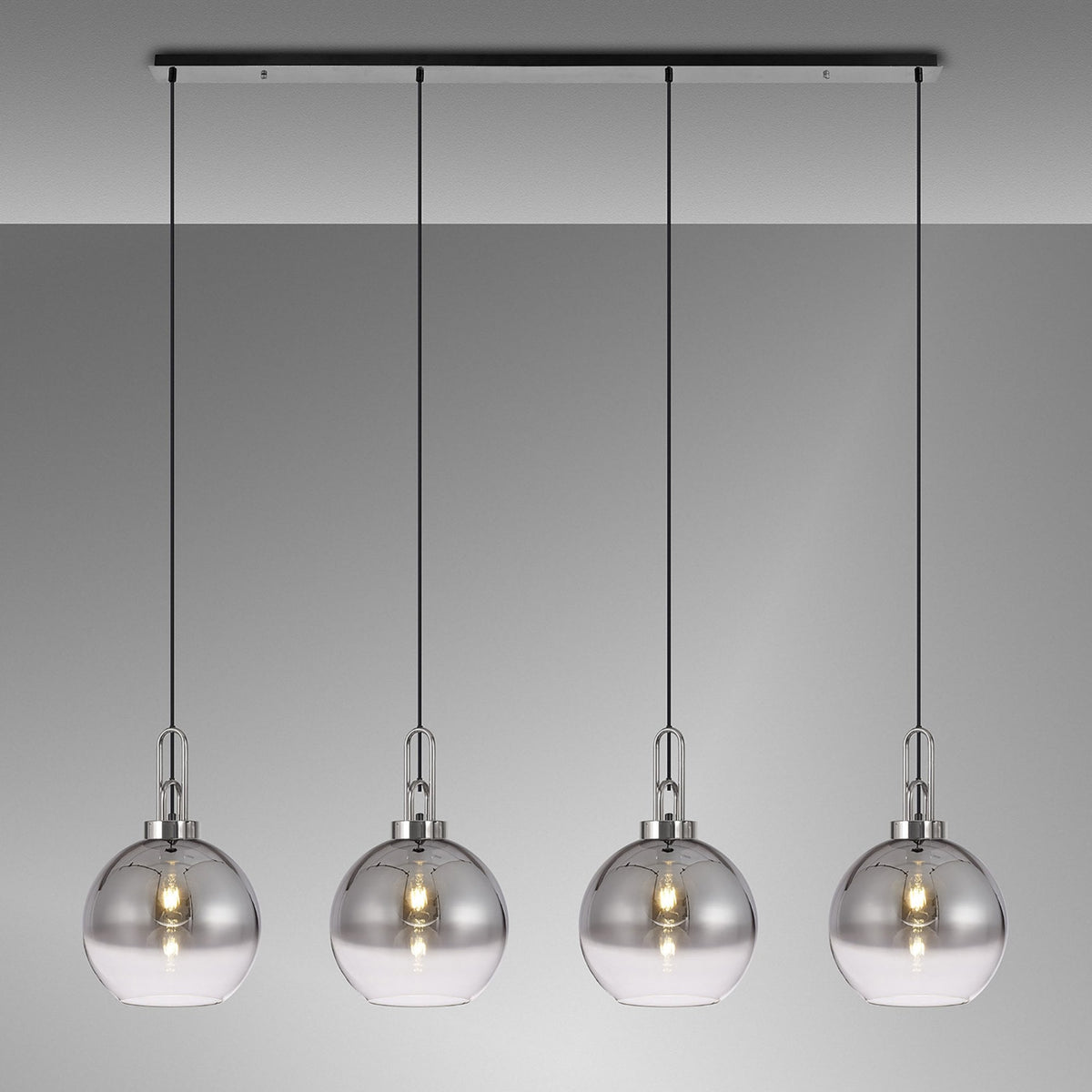 Atherington Globe 4 Drop Linear Pendant in Polished Nickel with Smoke Fade Shades