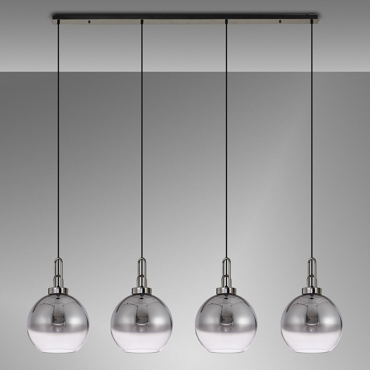 Atherington Globe 4 Drop Linear Pendant in Black Chrome with Smoke Fade Shades