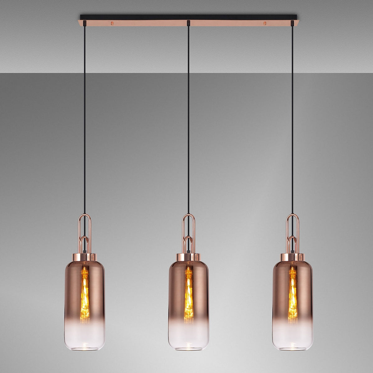 Atherington Cylinder 3 Drop Linear Pendant in Copper with Copper Fade Shades