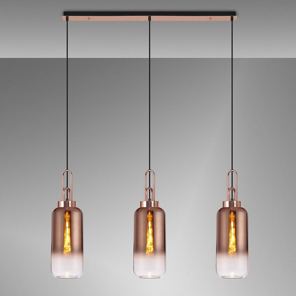 Atherington Cylinder 3 Drop Linear Pendant in Copper with Copper Fade Shades