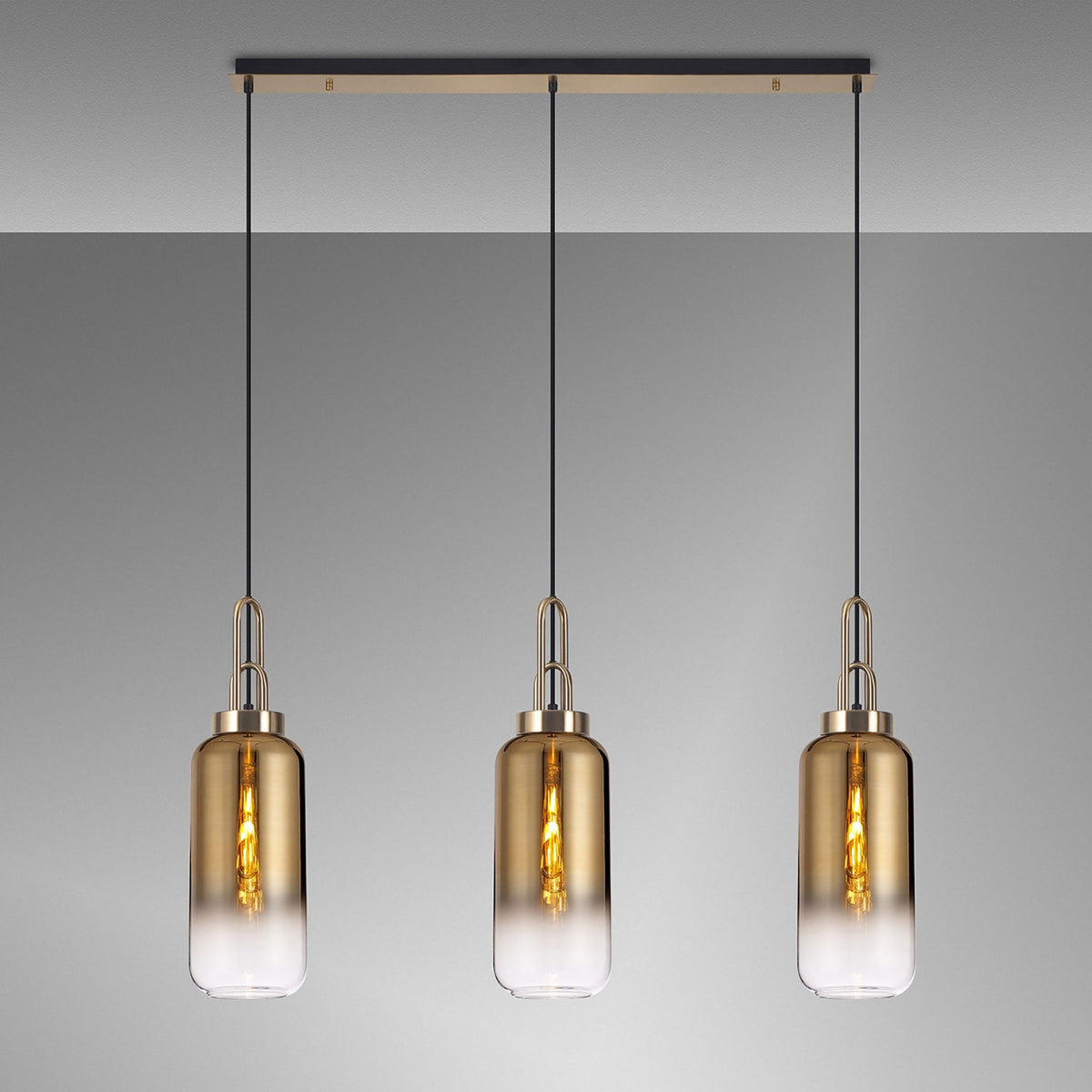 Atherington Cylinder 3 Drop Linear Pendant in Brass Gold with Gold Fade Shades