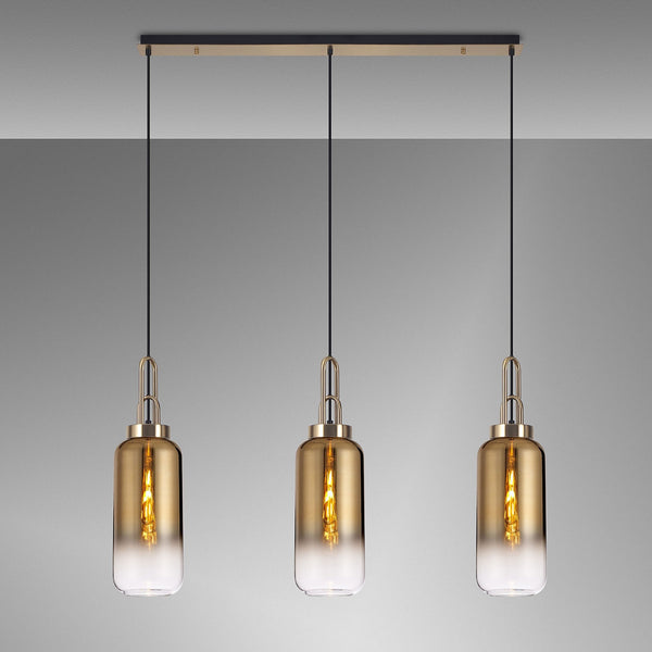 Atherington Cylinder 3 Drop Linear Pendant in Brass Gold with Gold Fade Shades
