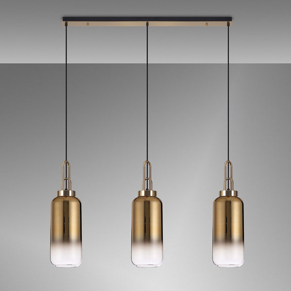 Atherington Cylinder 3 Drop Linear Pendant in Brass Gold with Gold Fade Shades