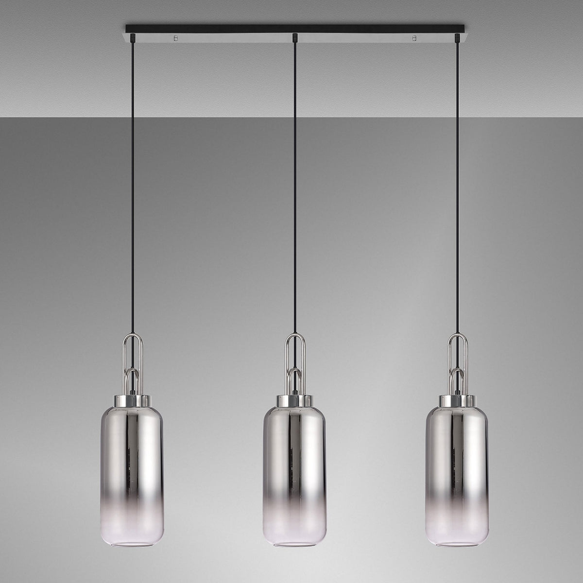 Atherington Cylinder 3 Drop Linear Pendant in Polished Nickel with Smoke Fade Shades