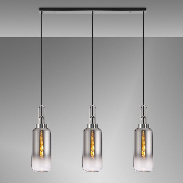 Atherington Cylinder 3 Drop Linear Pendant in Polished Nickel with Smoke Fade Shades