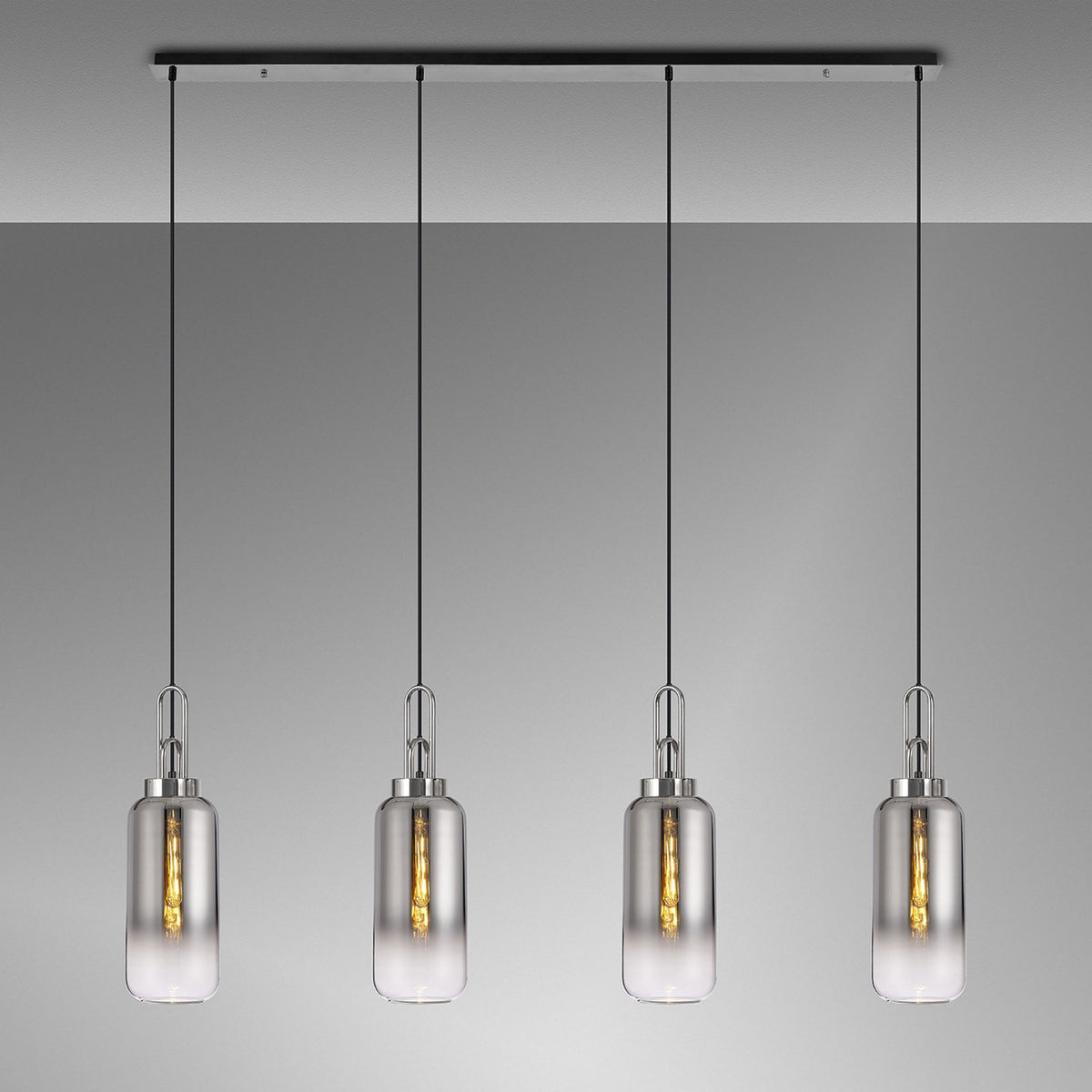 Atherington Cylinder 4 Drop Linear Pendant in Polished Nickel with Smoke Fade Shades
