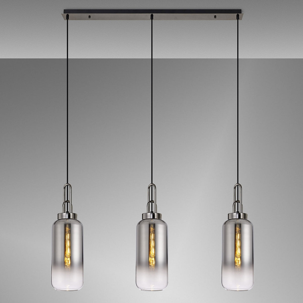 Atherington Cylinder 3 Drop Linear Pendant in Black Chrome with Smoke Fade Shades