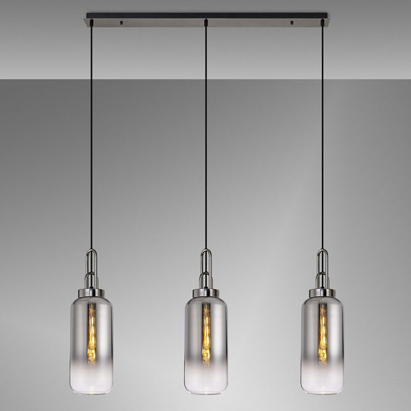 Atherington Cylinder 3 Drop Linear Pendant in Black Chrome with Smoke Fade Shades