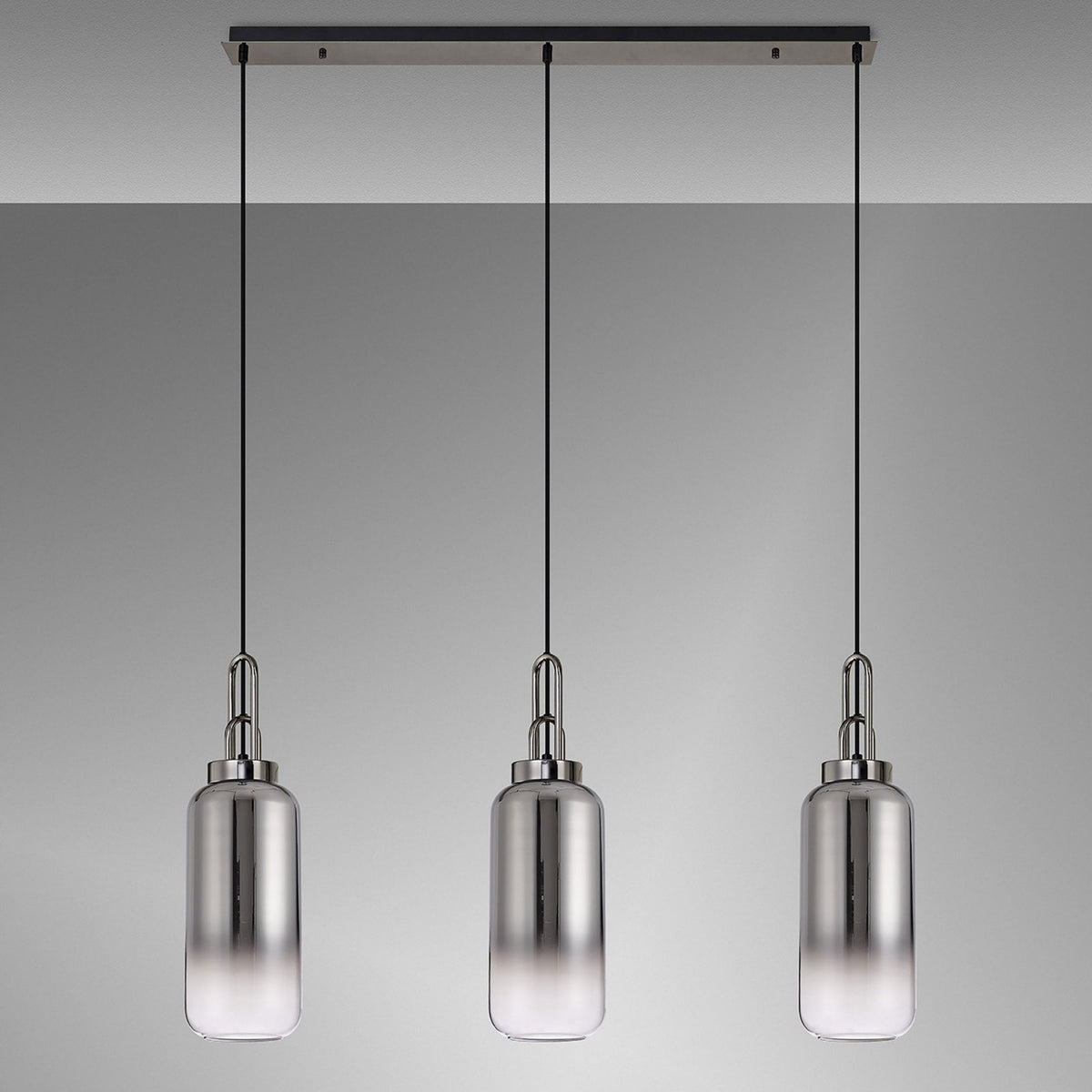 Atherington Cylinder 3 Drop Linear Pendant in Black Chrome with Smoke Fade Shades