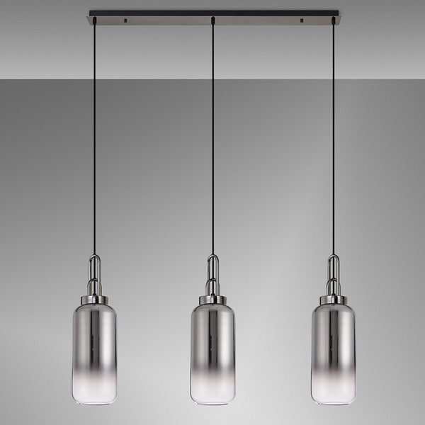 Atherington Cylinder 3 Drop Linear Pendant in Black Chrome with Smoke Fade Shades