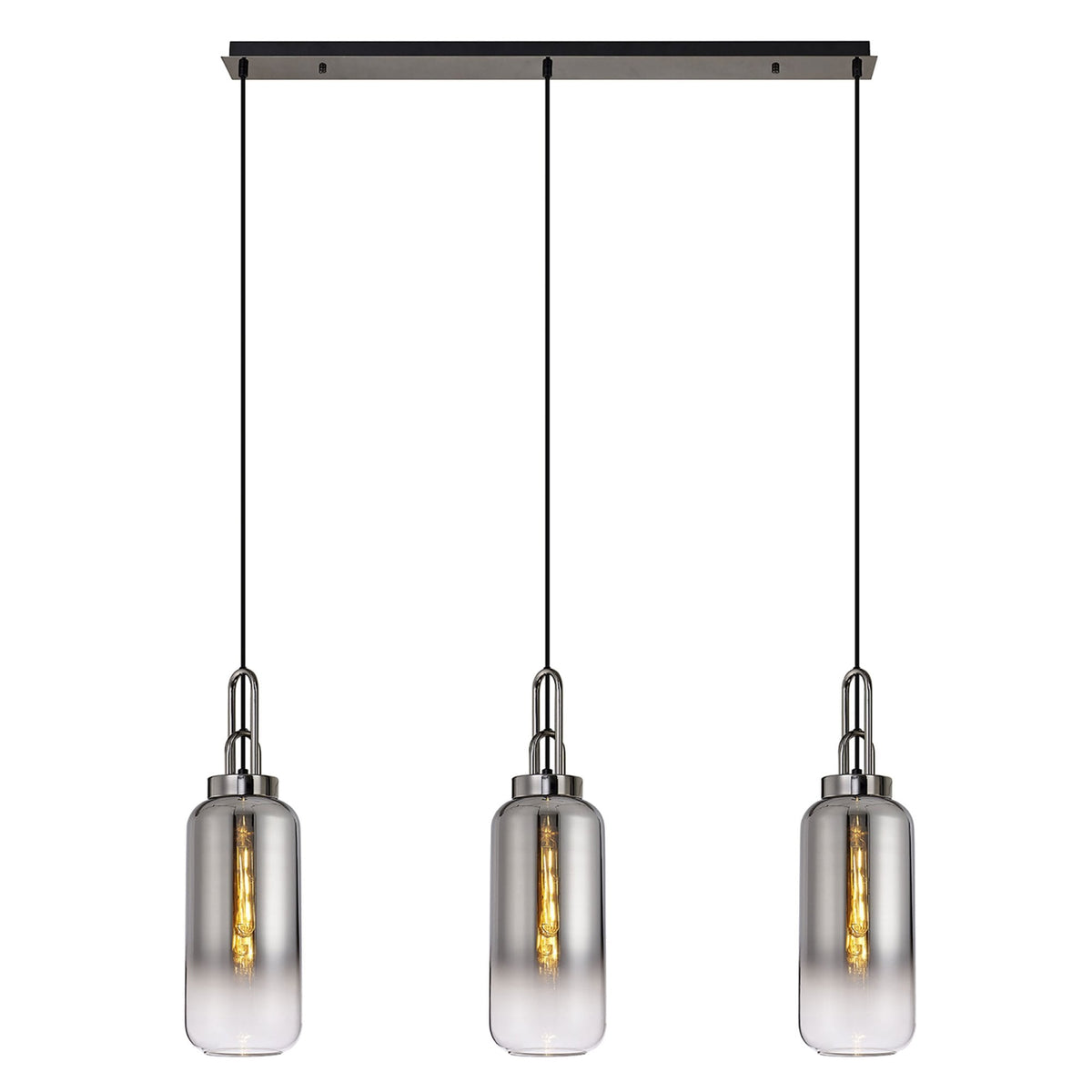 Atherington Cylinder 3 Drop Linear Pendant in Black Chrome with Smoke Fade Shades
