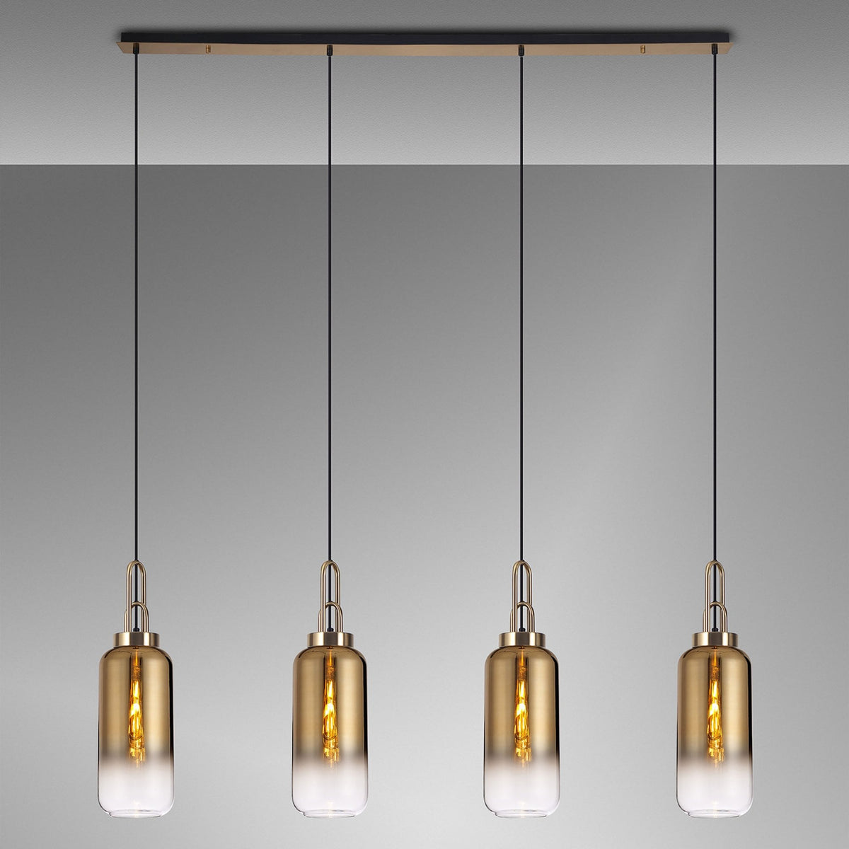 Atherington Cylinder 4 Drop Linear Pendant in Brass Gold with Gold Fade Shades