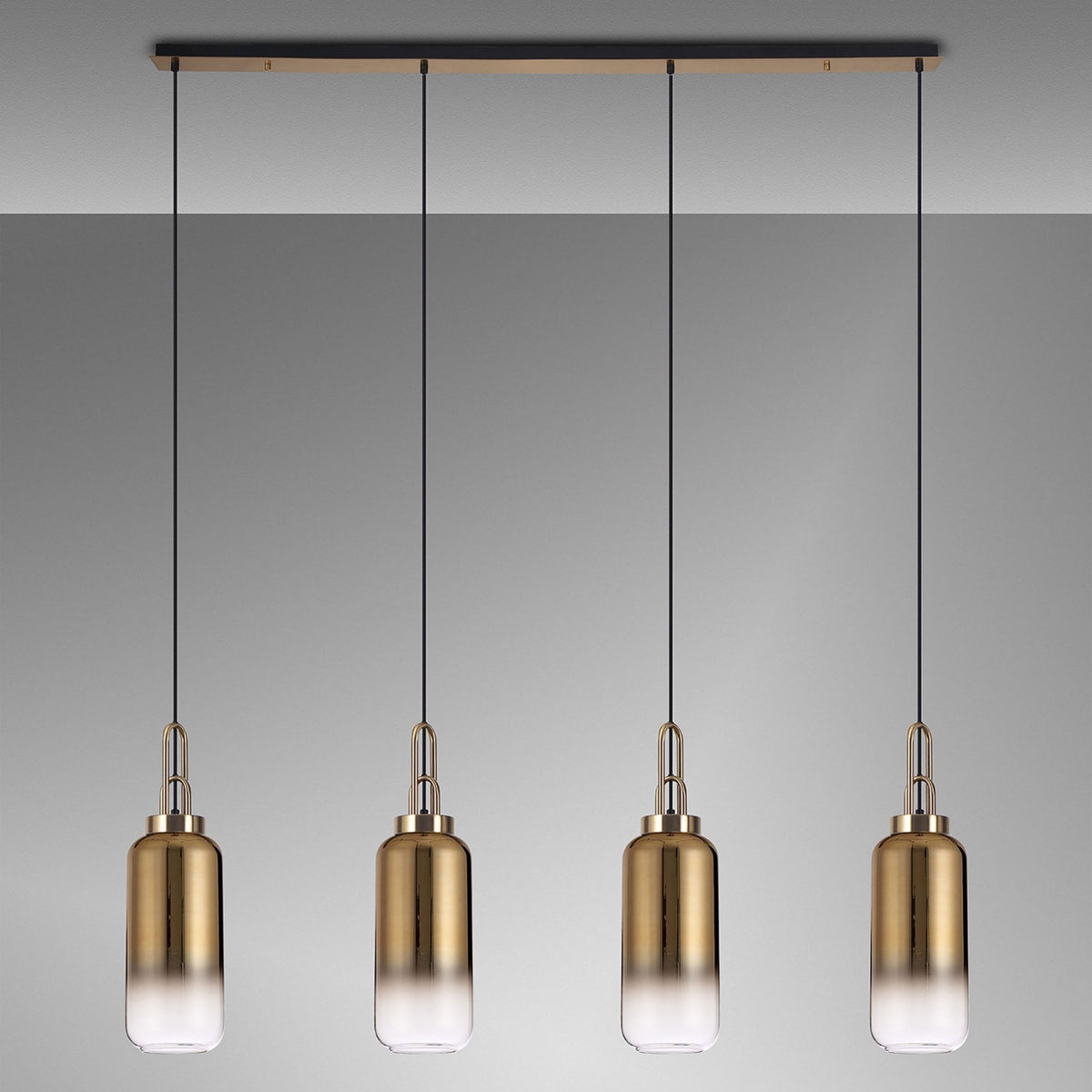 Atherington Cylinder 4 Drop Linear Pendant in Brass Gold with Gold Fade Shades