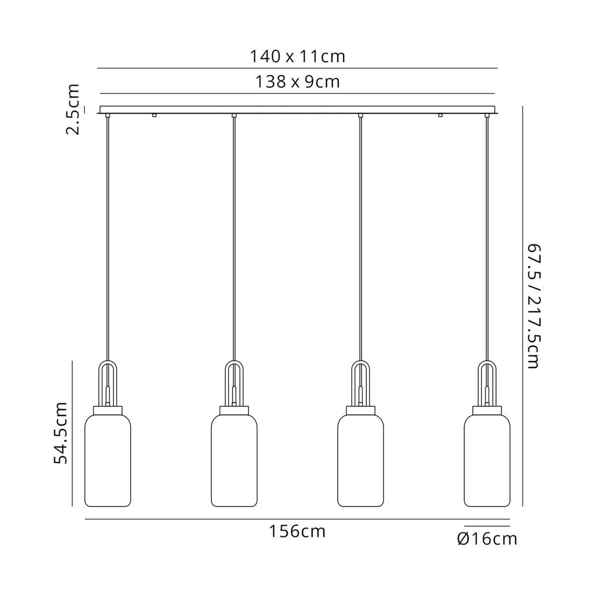 Atherington Cylinder 4 Drop Linear Pendant in Brass Gold with Gold Fade Shades