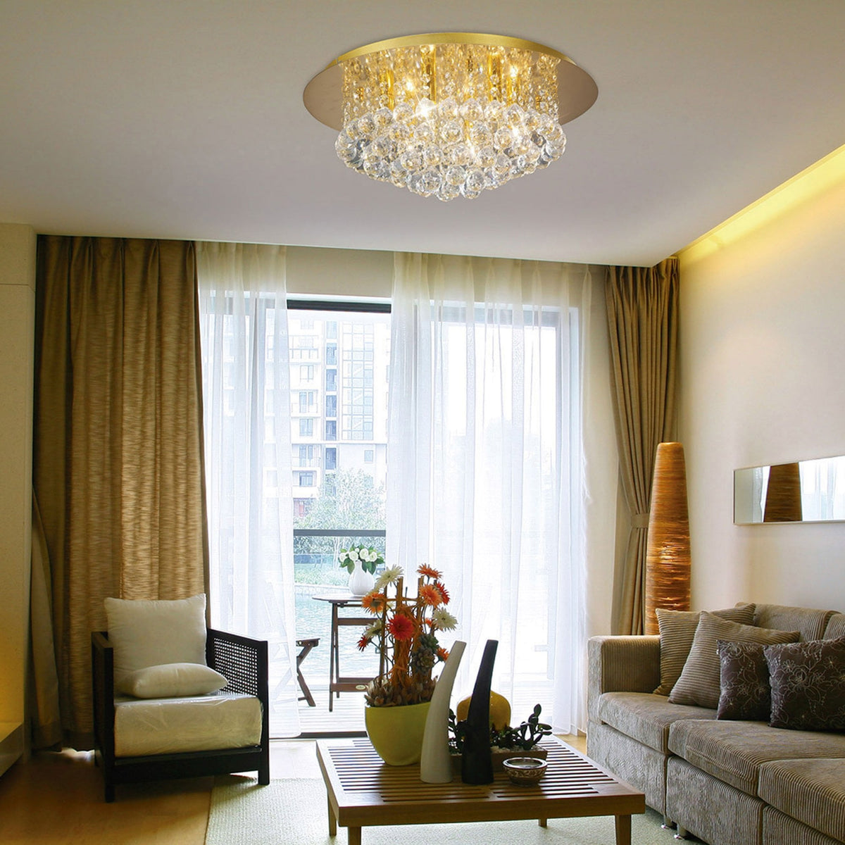 Dahlia 6 Lamp Crystal Flush Ceiling in French Gold Finish with Clear Crystals