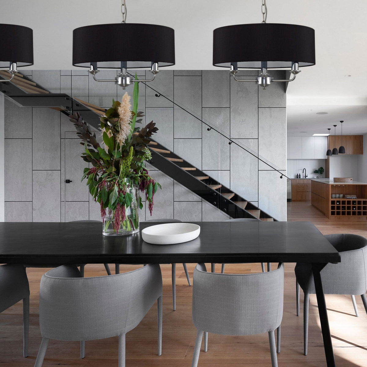 Banyan 45cm 3 Light Pendant in Chrome Finish & Black Shade