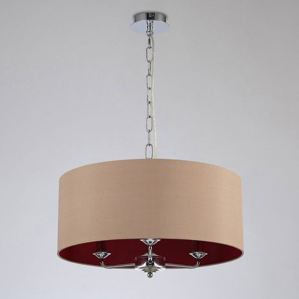 Banyan 50cm 3 Light Pendant in Chrome with Antique Gold & Ruby Shade