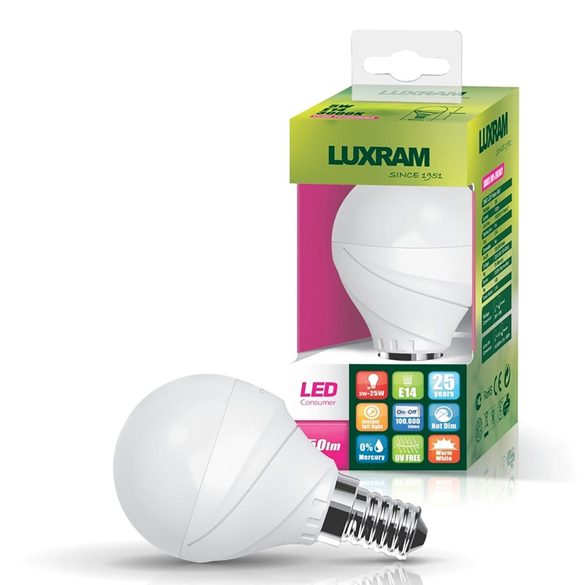 Energy-saving LED bulb and its packaging, showcasing brand and product details.