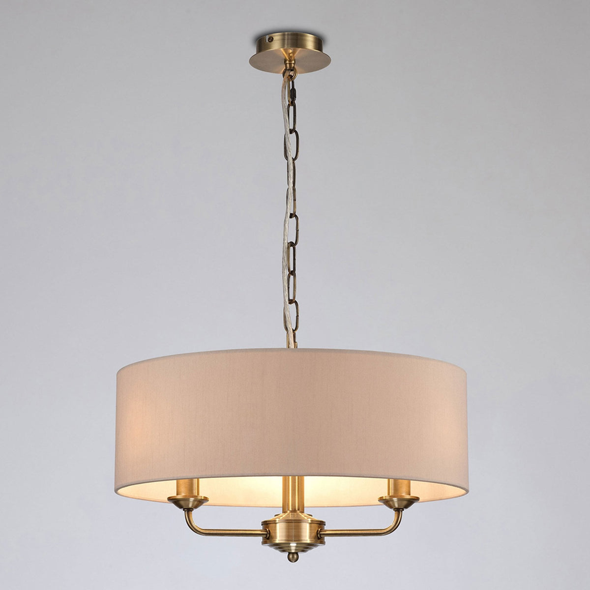 Banyan 45cm 3 Light Pendant in Antique Brass with Nude Beige & Moonlight Shade