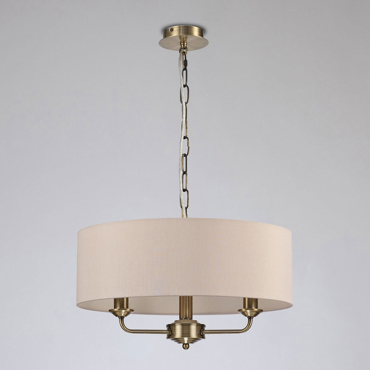 Banyan 45cm 3 Light Pendant in Antique Brass with Nude Beige & Moonlight Shade