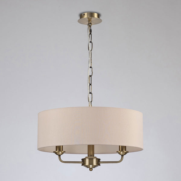 Banyan 45cm 3 Light Pendant in Antique Brass with Nude Beige & Moonlight Shade