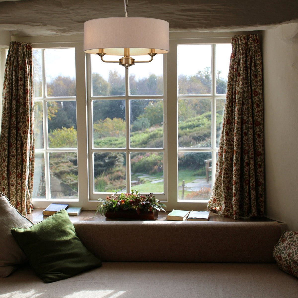 Banyan 45cm 3 Light Pendant in Antique Brass with Nude Beige & Moonlight Shade