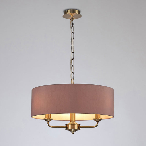 Banyan 45cm 3 Light Pendant in Antique Brass with Taupe & Halo Gold Shade