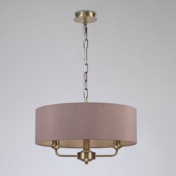 Banyan 45cm 3 Light Pendant in Antique Brass with Taupe & Halo Gold Shade