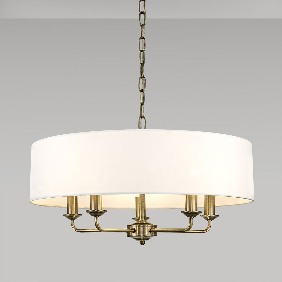 Banyan 60cm 5 Light Pendant in Antique Brass with White Shade