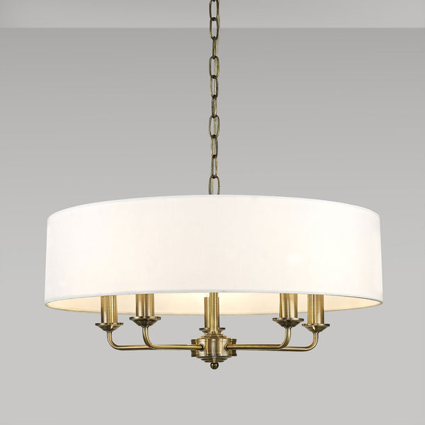 Banyan 60cm 5 Light Pendant in Antique Brass with White Shade