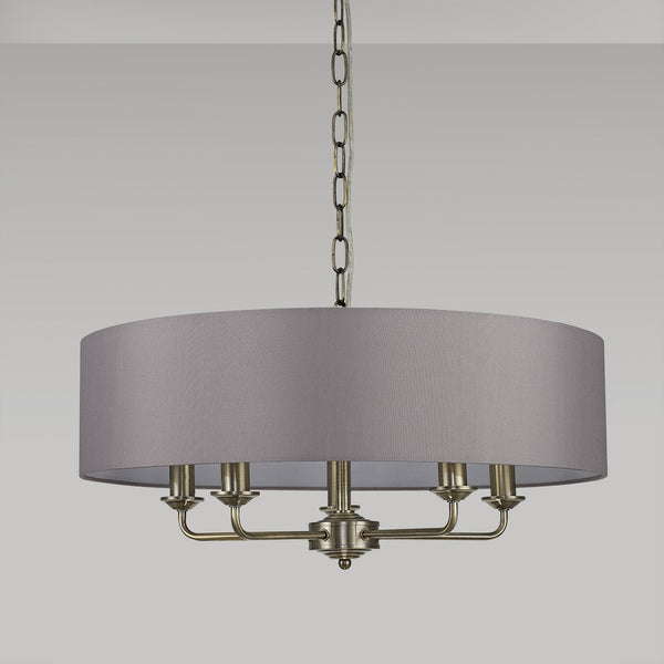 Banyan 60cm 5 Light Pendant in Antique Brass with Grey Shade