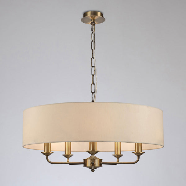 Banyan 60cm 5 Light Pendant in Antique Brass with Ivory Pearl Shade