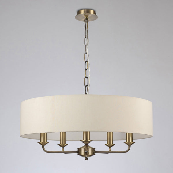 Banyan 60cm 5 Light Pendant in Antique Brass with Ivory Pearl Shade