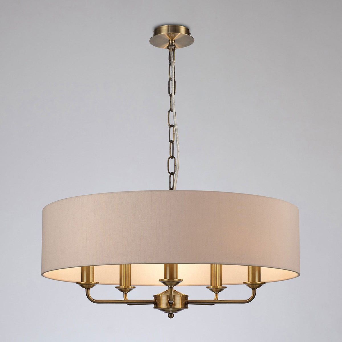 Banyan 60cm 5 Light Pendant in Antique Brass with Nude Beige & Moonlight Shade