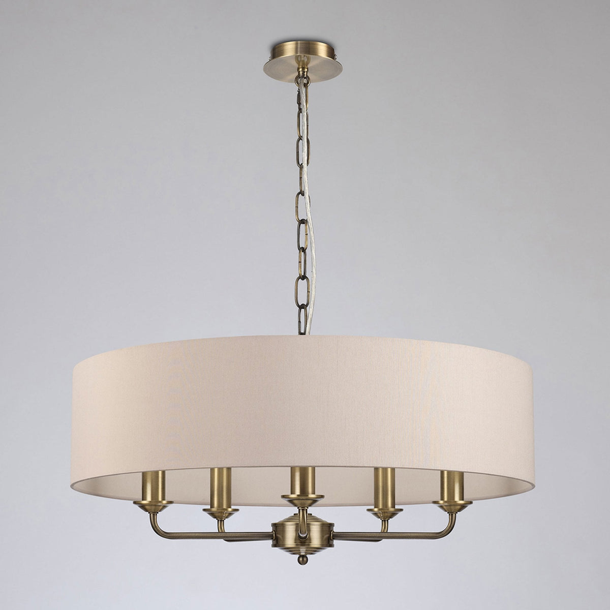 Banyan 60cm 5 Light Pendant in Antique Brass with Nude Beige & Moonlight Shade