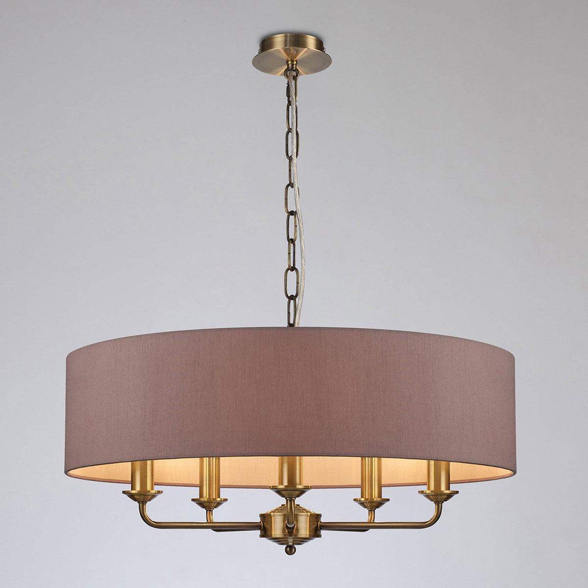 Banyan 60cm 5 Light Pendant in Antique Brass with Taupe & Halo Gold Shade