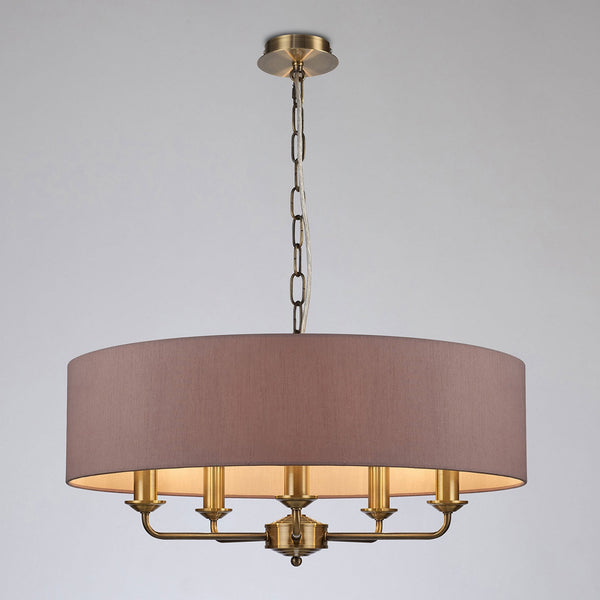 Banyan 60cm 5 Light Pendant in Antique Brass with Taupe & Halo Gold Shade