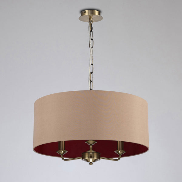 Banyan 50cm 3 Light Pendant in Antique Brass with Antique Gold & Ruby Shade