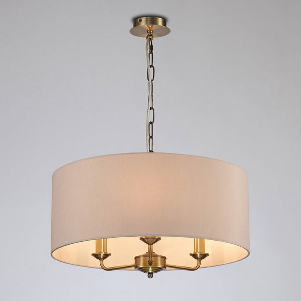 Banyan 50cm 3 Light Pendant in Antique Brass with Nude Beige & Moonlight Shade
