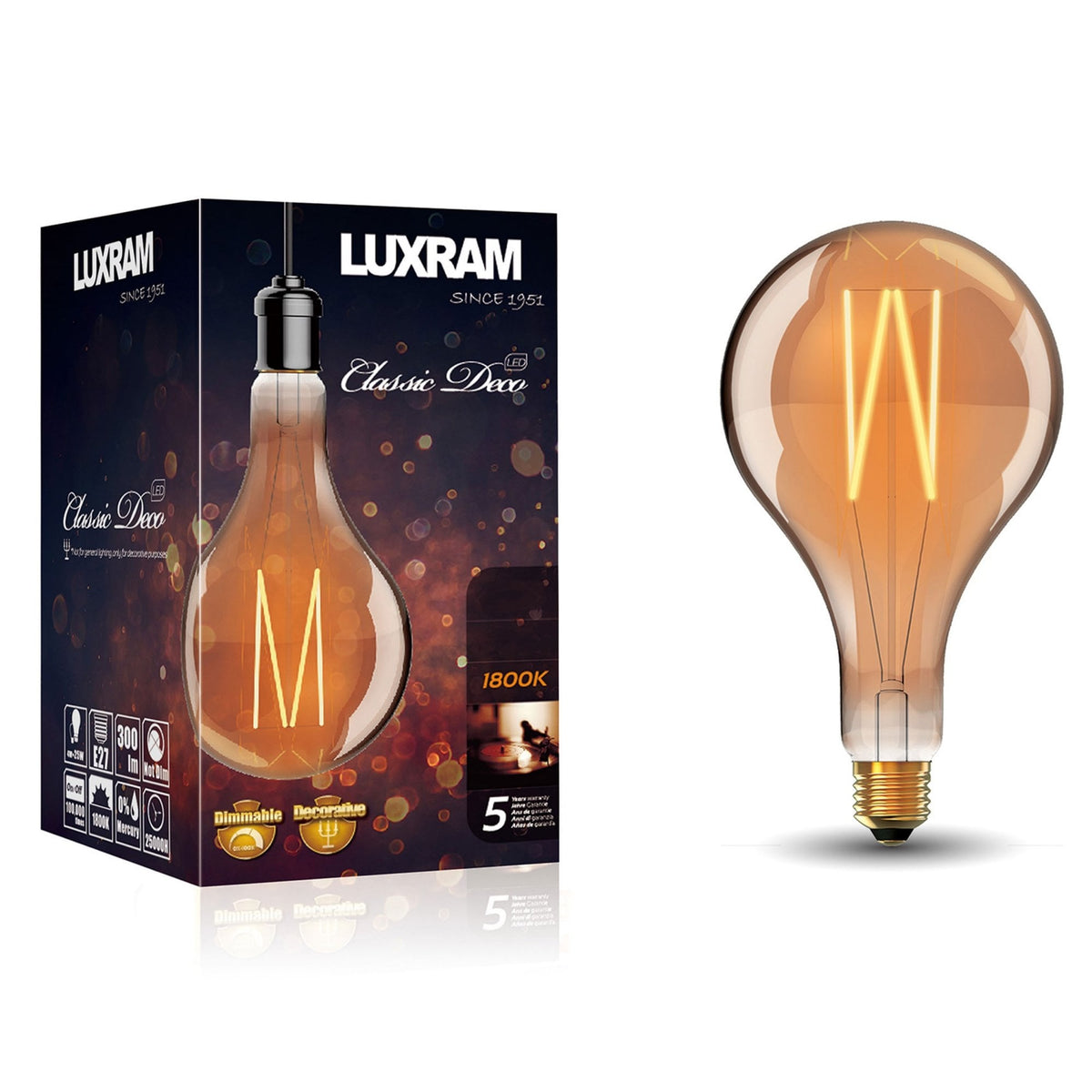 Classic Deco E27 Dimmable Amber LED XL GLS 8W 1800K 630lm