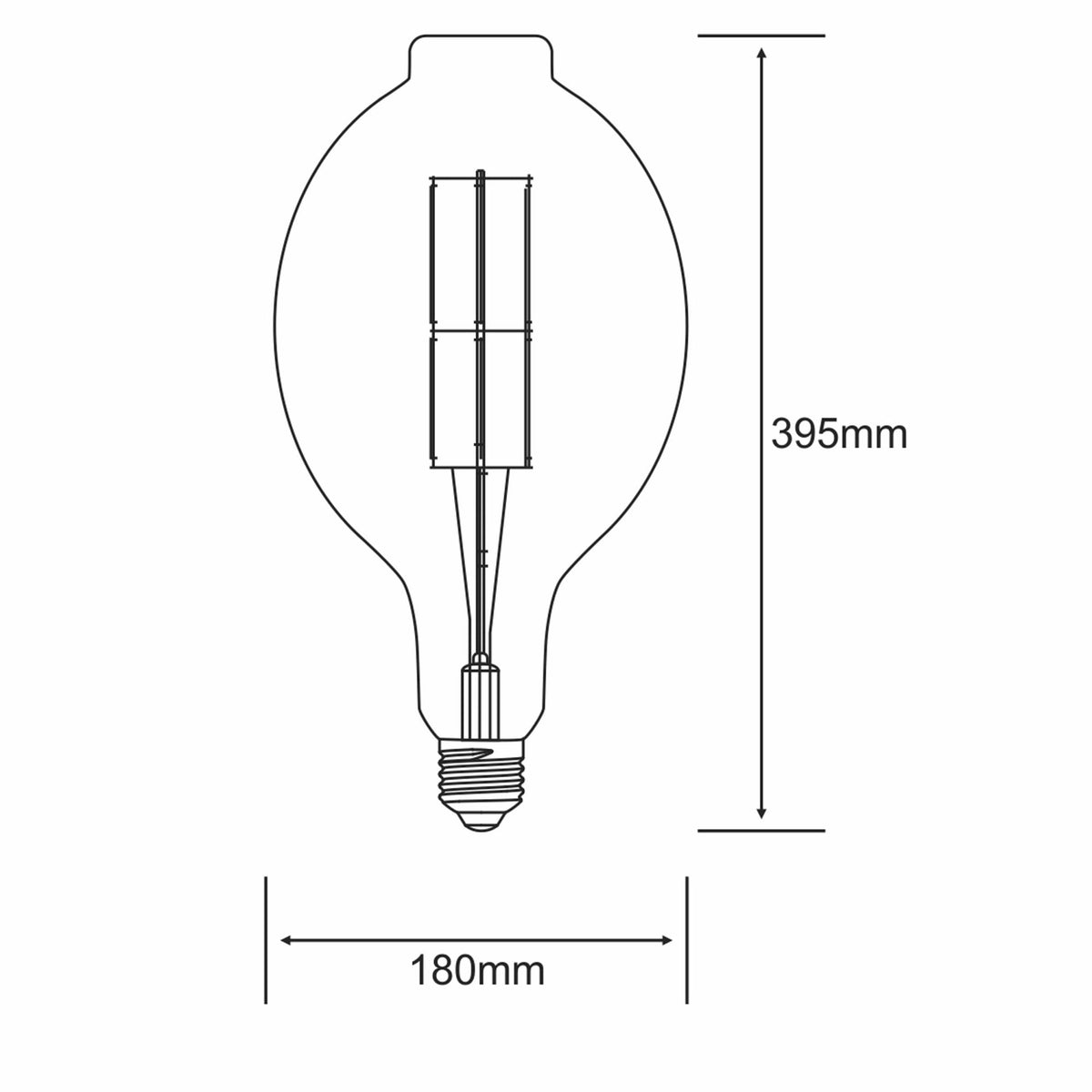 A technical drawing shows the dimensions of an oval light bulb, 395mm in height and 180mm wide.